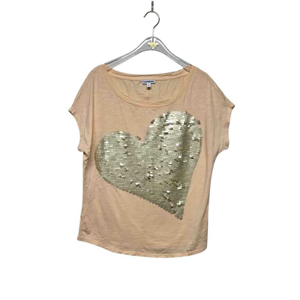 3/$25🟠 Sale Express Peach T-Shirt wGold Sequin Heart, Short Sleeve Sz Small